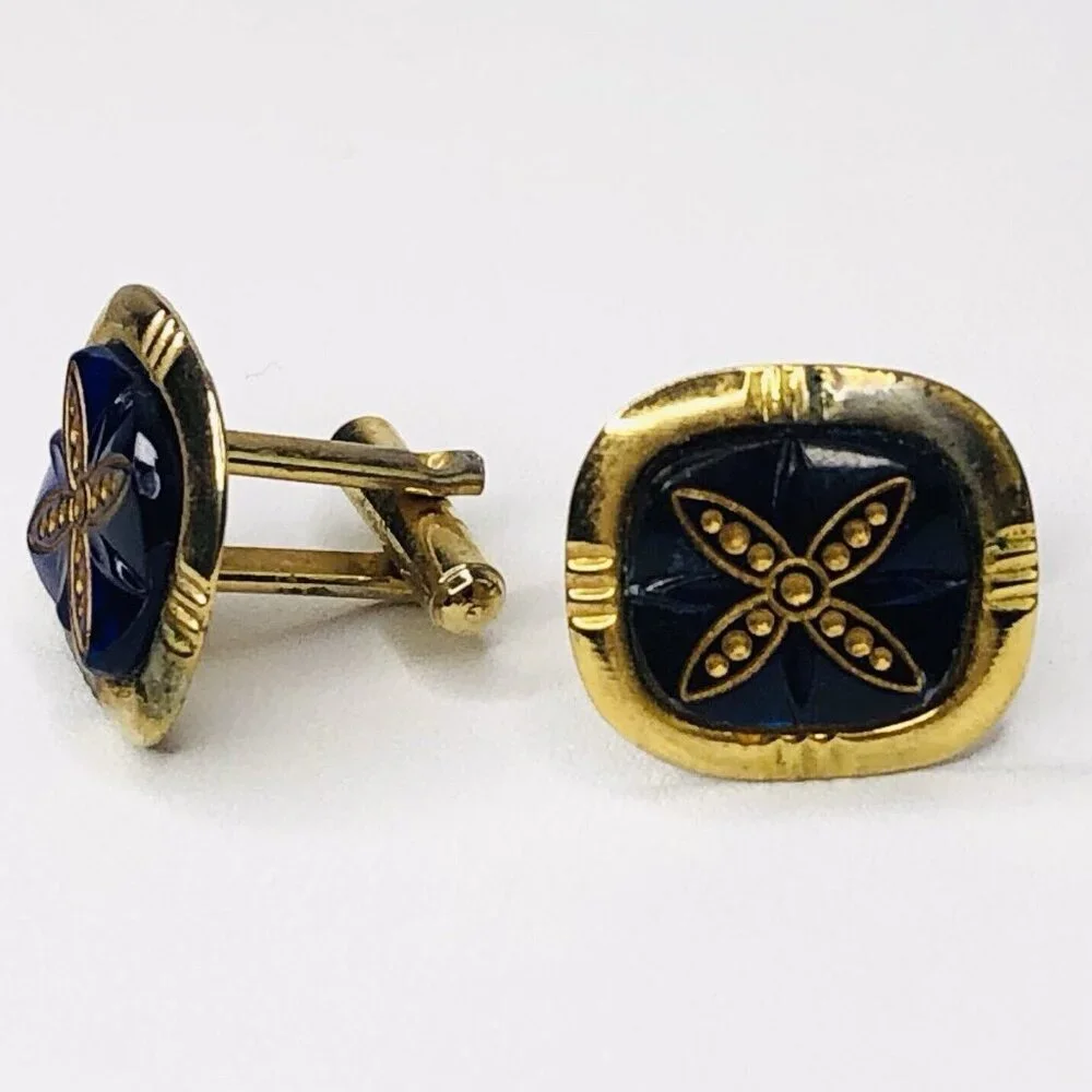 Vtg Cobalt Blue Stone Cufflinks Goldtone Jeweled Wedding Groom Gift Rectangle